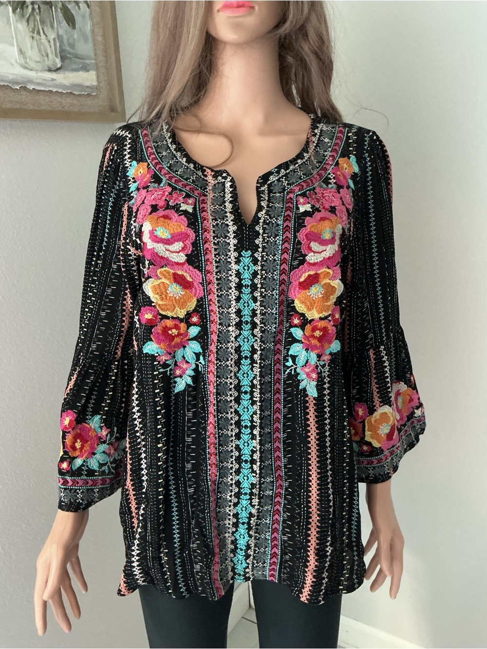 Savanna Jane Black Embroidered Floral Top with Pink & Turquoise Accents - Picture 2 of 11